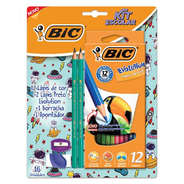 Kit Escolar Lápis de Cor Sextavado 12 Cores, Lápis Preto, Borracha e A