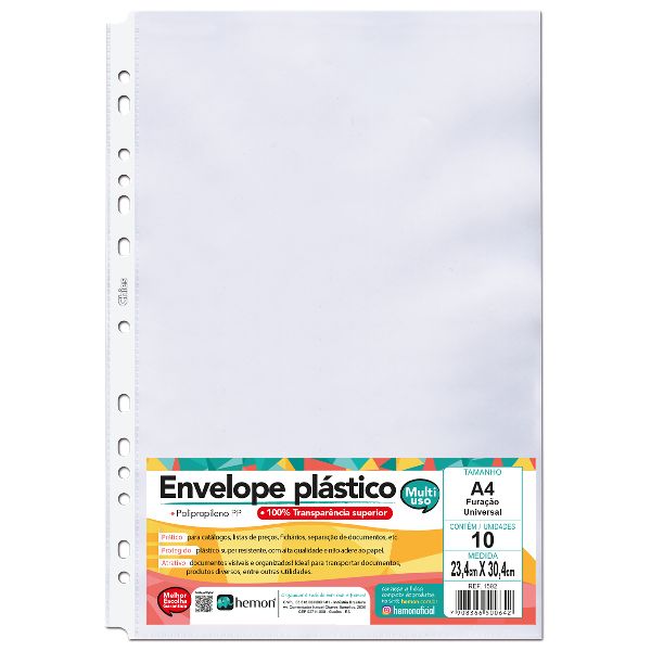 Envelope Plástico A4 Cristal Liso 234x304mm 13 Furos Espessura 0,10  P