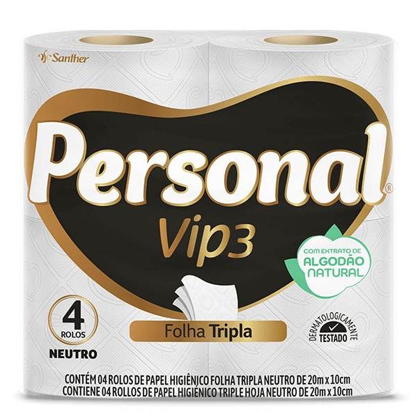 Papel Higiênico neutro Folha Tripla 10cm X 20m Personal Vip PC com 4 R