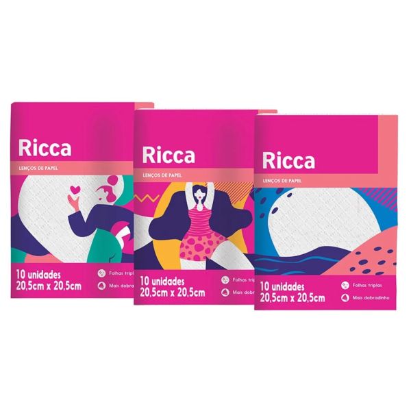 Lenço de Papel Mini Folha Tripla 20,5x20,5cm 10 Folhas 1 UN Ricca