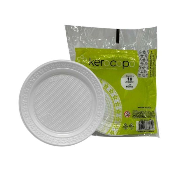Prato Descartável Raso Branco 18cm PT 10 UN Kerocopo